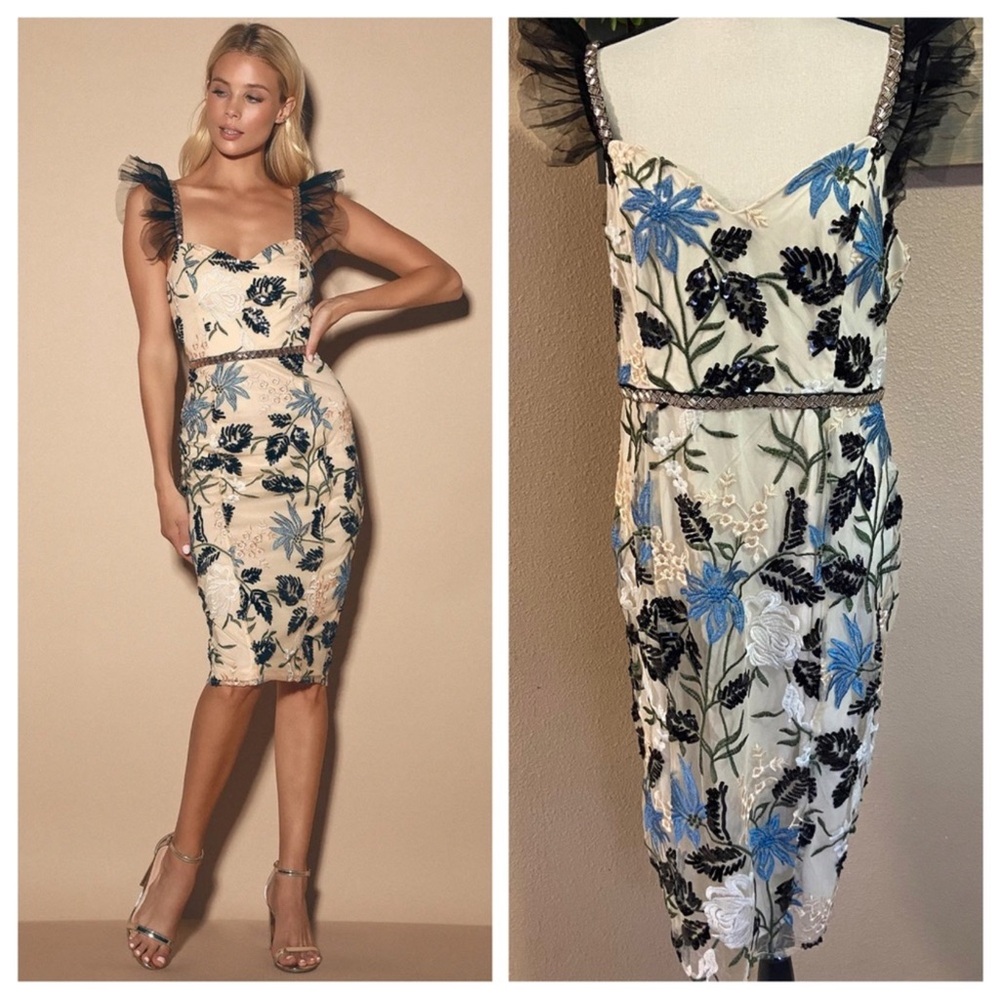 Lulu's Cream Gown with Black and Blue Floral Details NWT